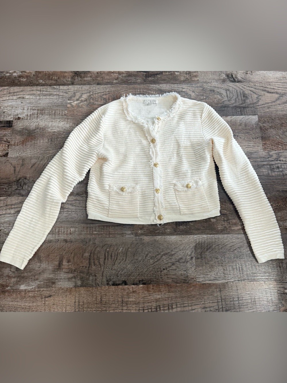 J.CREW Ivory Rib-Knit Button-Front Cardigan Sweater, Blazer, Gold Buttons, Small